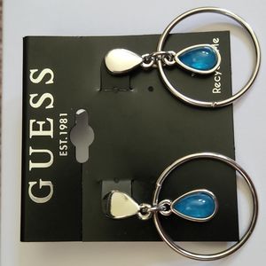 GUESS Silver and Blue Pendant Hoop Earrings